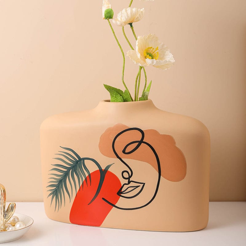 Vase Visage Beige en Céramique Style Abstrait – Déco Contemporaine Peinte à la Main pour Fleurs Séchées