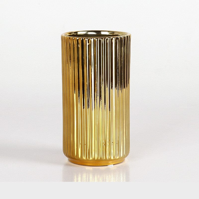 Vase Doré Cylindrique Haut en Verre Strié – Décoration Moderne ou Vase pour Fleurs Séchées