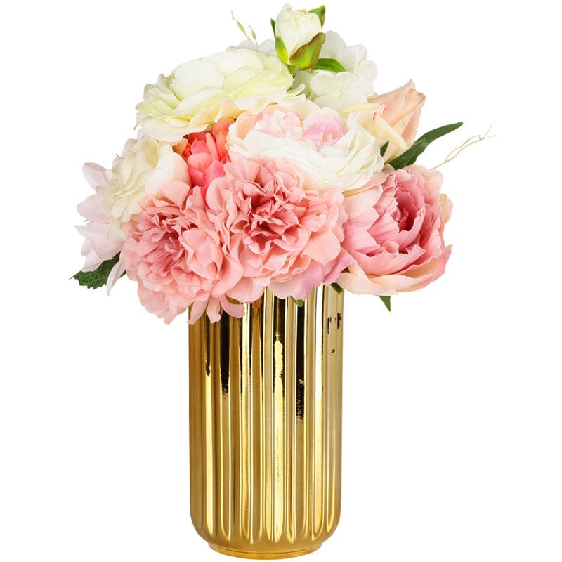 Vase Doré Cylindrique Haut en Verre Strié – Décoration Moderne ou Vase pour Fleurs Séchées