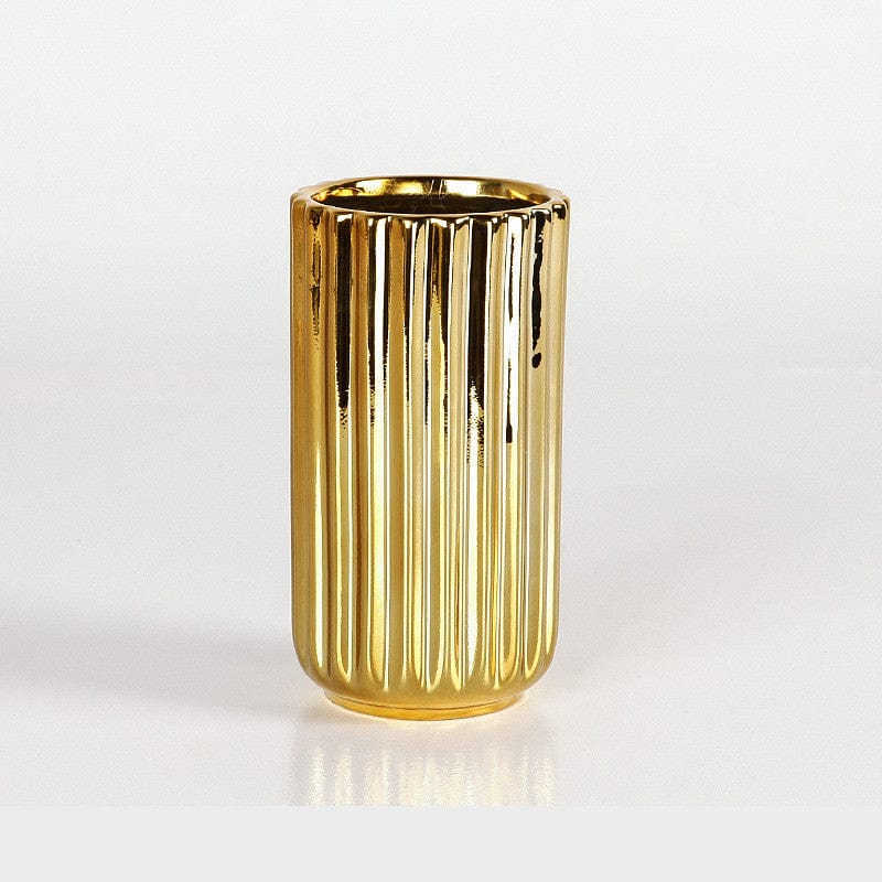 Vase Doré Cylindrique Haut en Verre Strié – Décoration Moderne ou Vase pour Fleurs Séchées