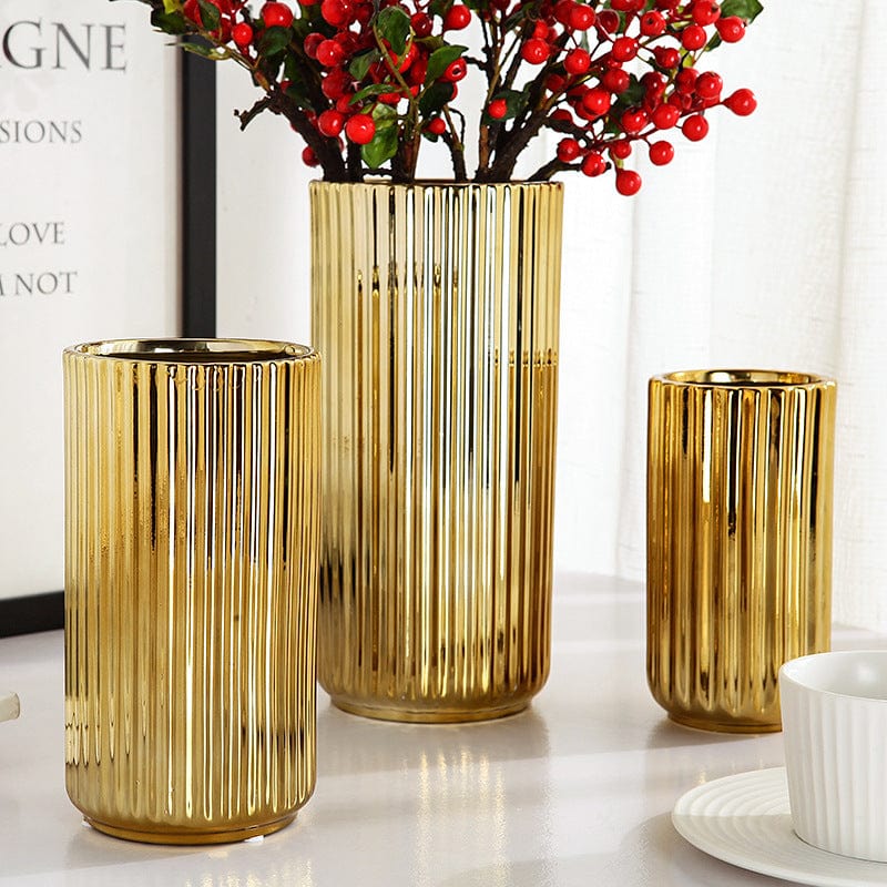Vase Doré Cylindrique Haut en Verre Strié – Décoration Moderne ou Vase pour Fleurs Séchées