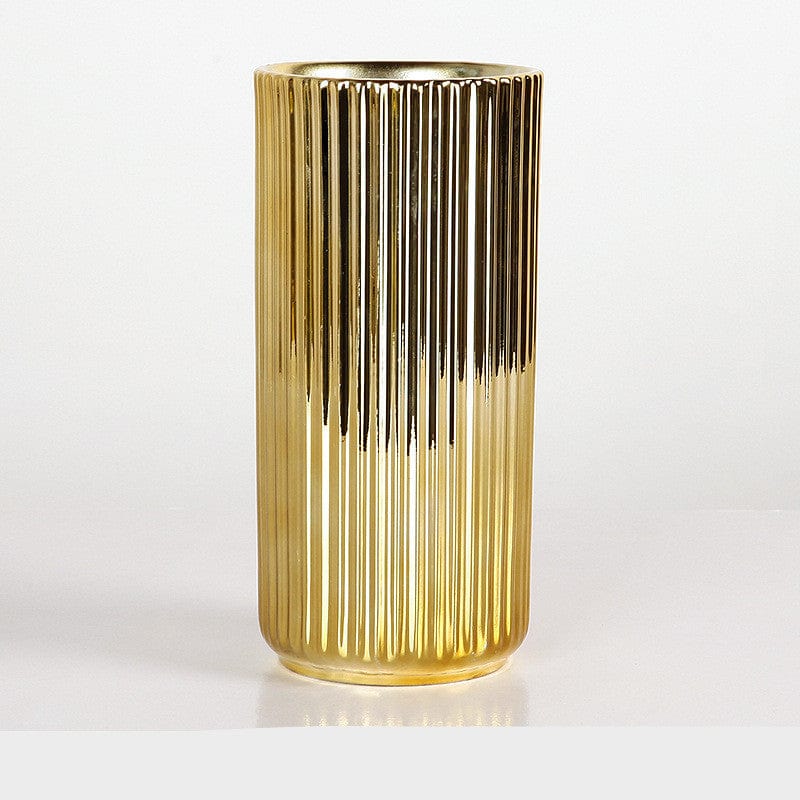 Vase Doré Cylindrique Haut en Verre Strié – Décoration Moderne ou Vase pour Fleurs Séchées