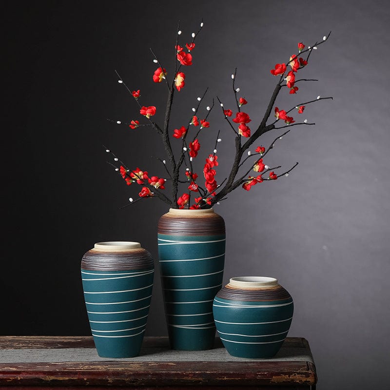 Vases rayés bleu vert en céramique – Style japonais zen élégant