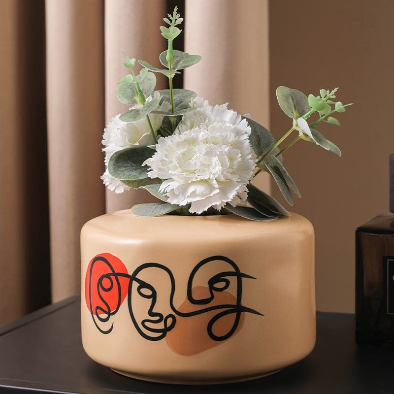 Vase Visage Beige en Céramique Style Abstrait – Déco Contemporaine Peinte à la Main pour Fleurs Séchées