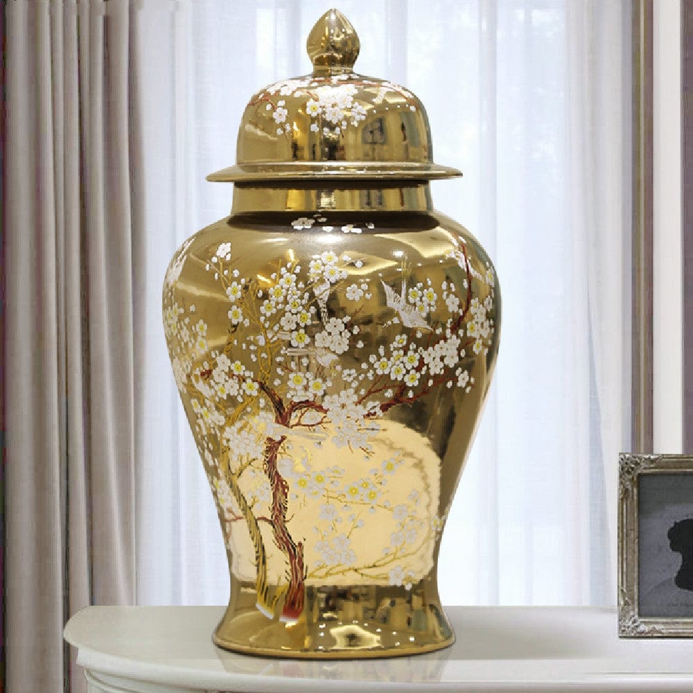 Vase céramique doré fleurs blanches – Raffinement asiatique intemporel