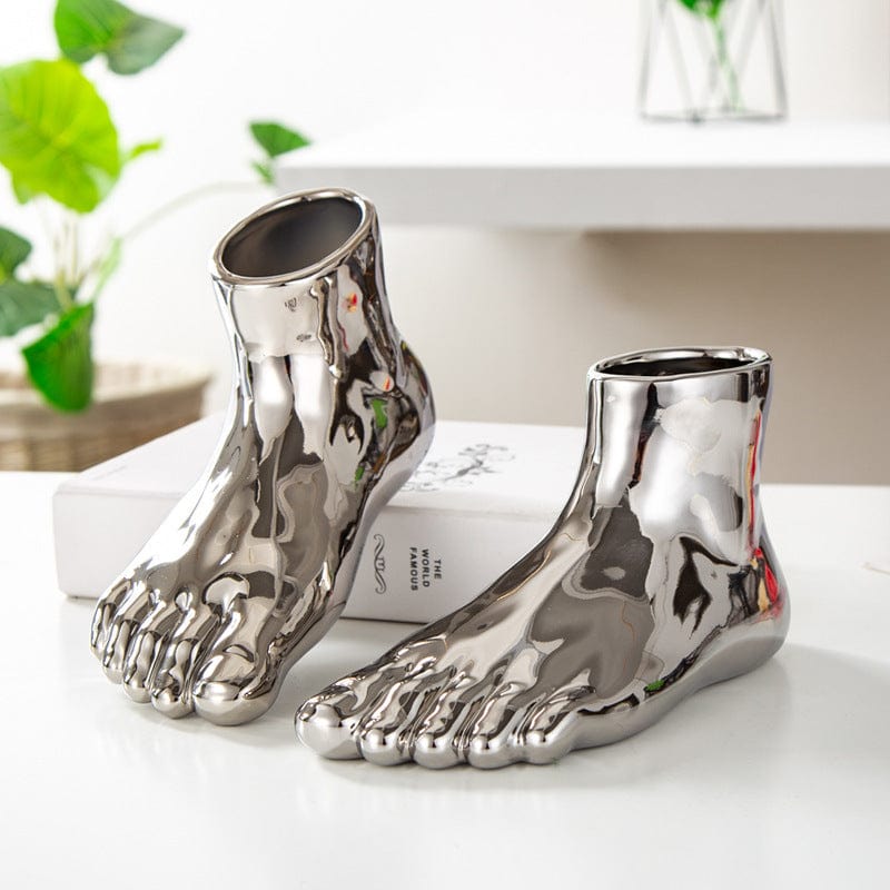 Vase pied chromé – Design original en céramique brillante argent et or
