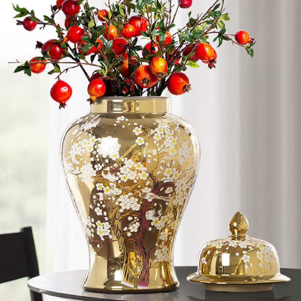 Vase céramique doré fleurs blanches – Raffinement asiatique intemporel