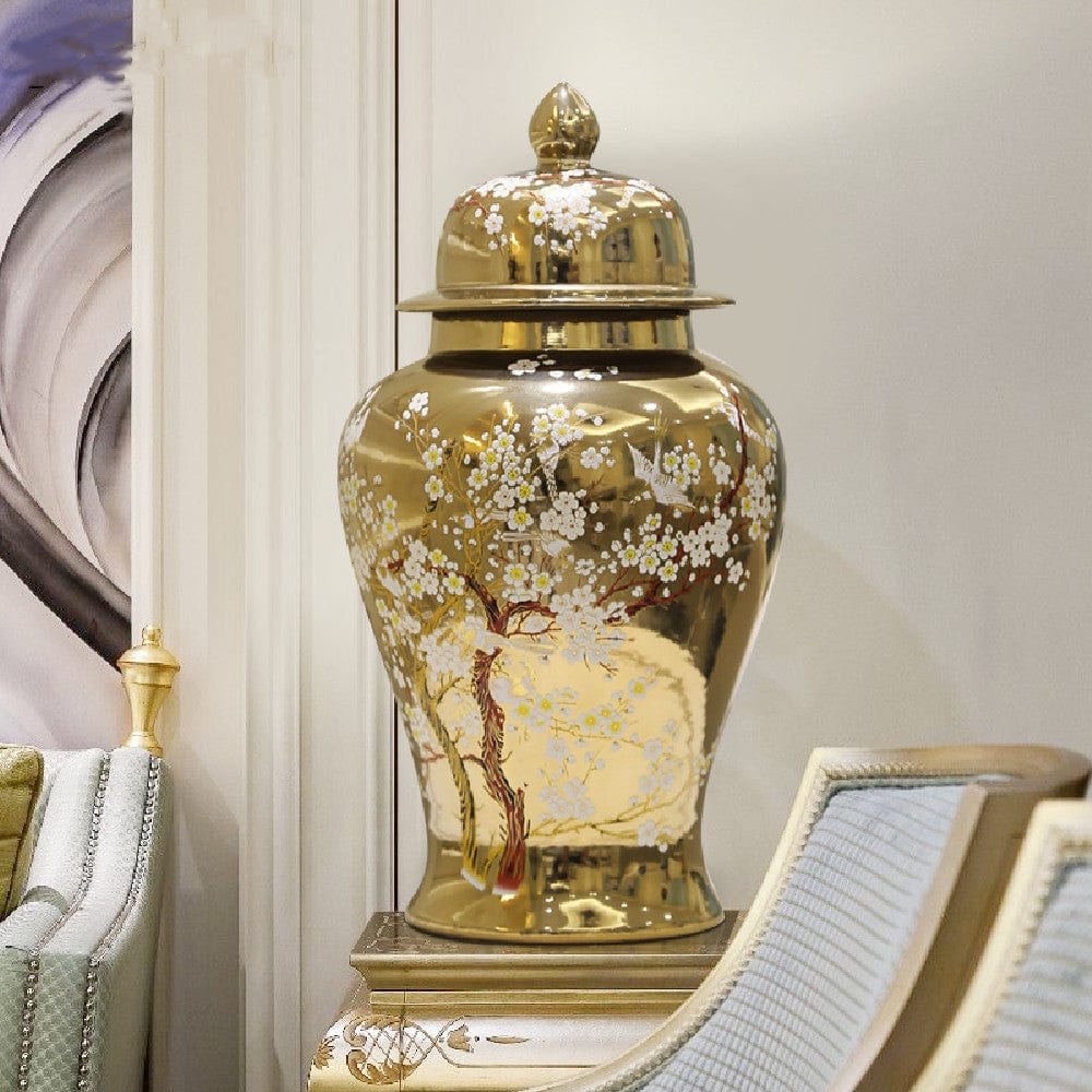 Vase céramique doré fleurs blanches – Raffinement asiatique intemporel