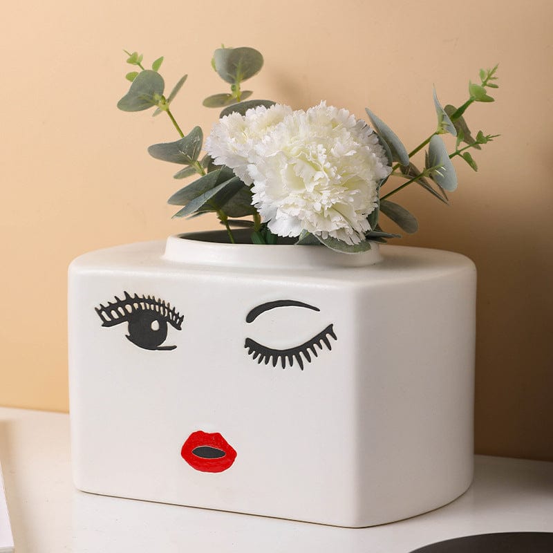 Vase Visage Beige en Céramique Style Abstrait – Déco Contemporaine Peinte à la Main pour Fleurs Séchées