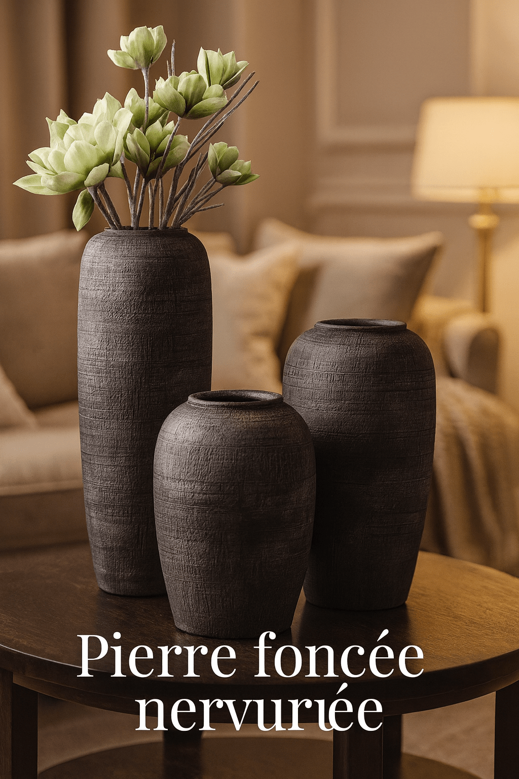 ElegantVase vase Trio Pierre foncée nervurée / Format Très Grand Vase céramique noir - Touche d'élégance pour intérieur modernisé