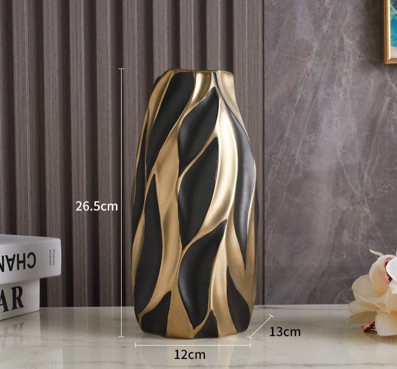 ElegantVase vase Vase Noir Mat & Or – Format Élégant Vase Sculpté Céramique Blanc Doré – Feuillage Moderne fleursissement