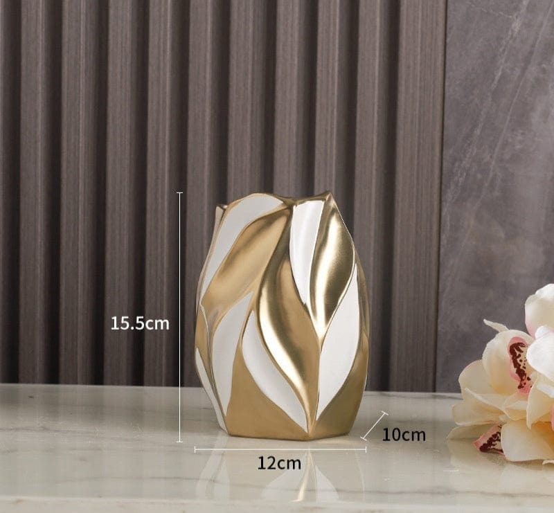 ElegantVase vase Vase Platine Mat – Format Classique Vase Sculpté Céramique Blanc Doré – Feuillage Moderne fleursissement