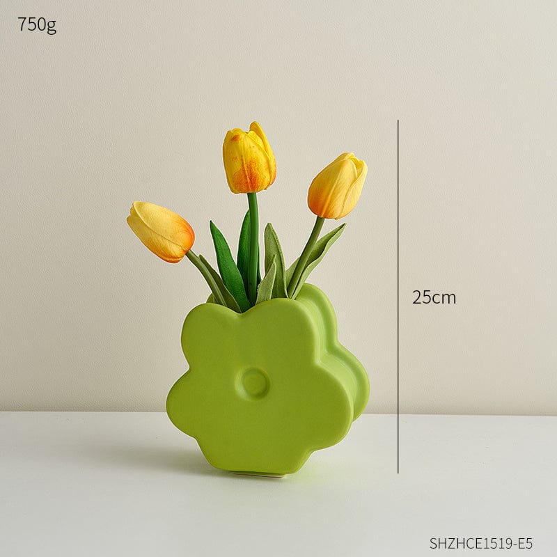ElegantVase vase Vert – Tulipes jaunes incluses Vase céramique fleur : Déco ludique