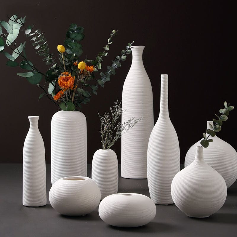 Vase Beige en Céramique Striée – Ensemble Décoratif Haut et Rond pour Fleurs Séchées ou Pampa