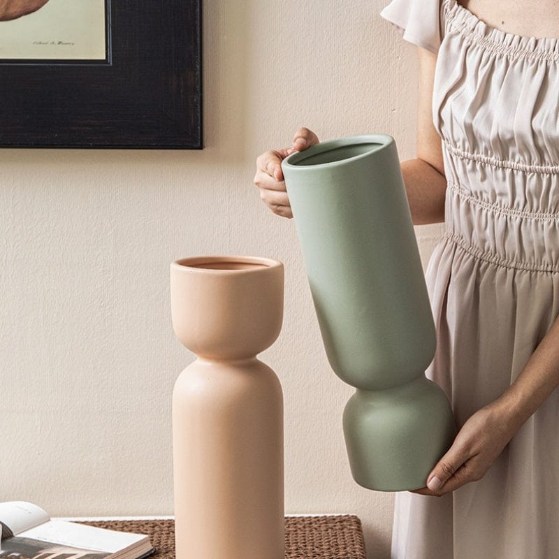 Haut Vase en Céramique Mat – Design Contemporain Beige et Vert Pastel