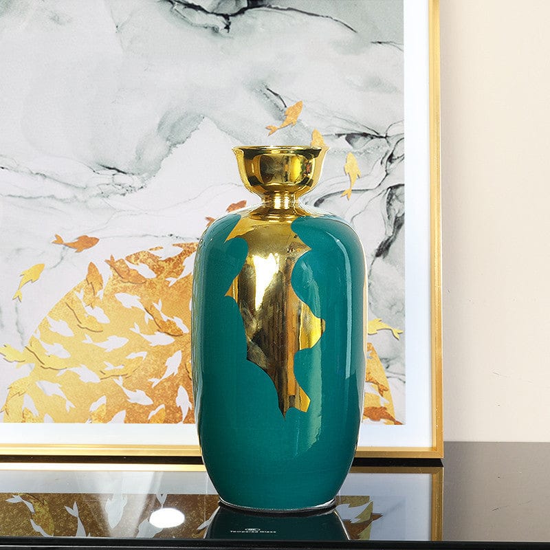 Vase céramique émaillée bleu or – Luxe éclatant pour salon lumineux