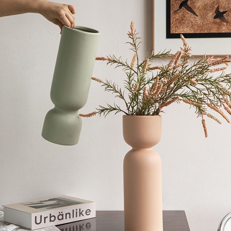 Vase Contemporain Céramique Mat, Beige & Vert Pastel