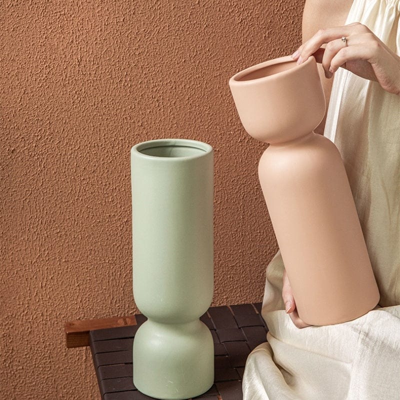 Vase Contemporain Céramique Mat, Beige & Vert Pastel