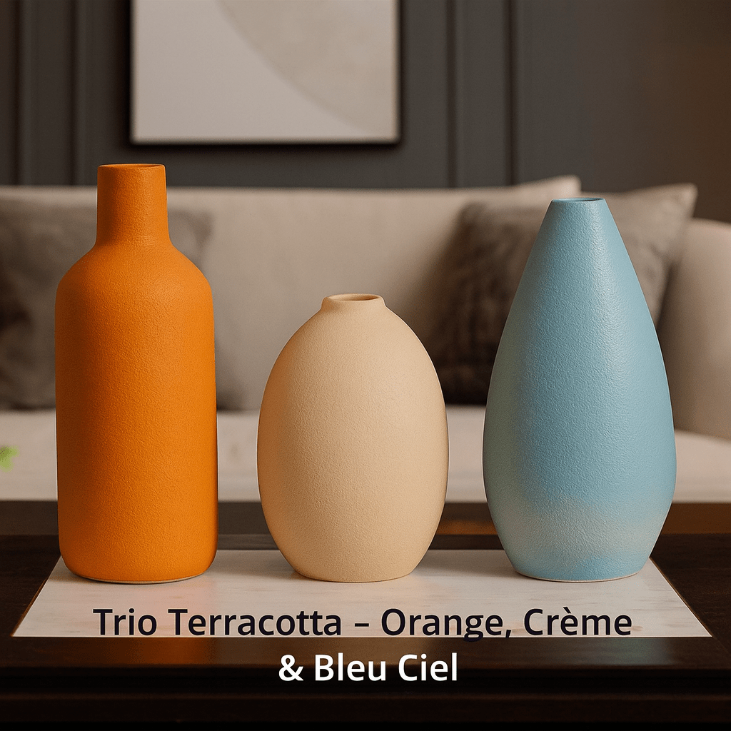 ElegantVase vase Trio Terracotta – Orange, Crème & Bleu Ciel Vase céramique noir - Design épuré déco contemporaine