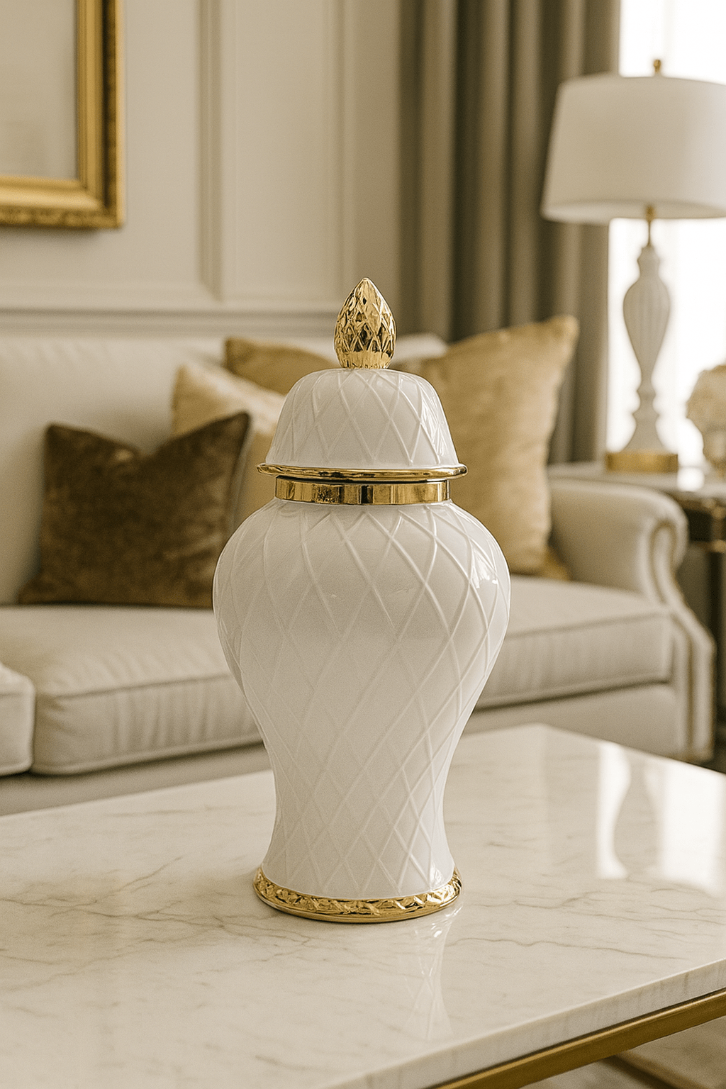 ElegantVase vase Vase blanc reliefs couvercle doré - finition luxe.