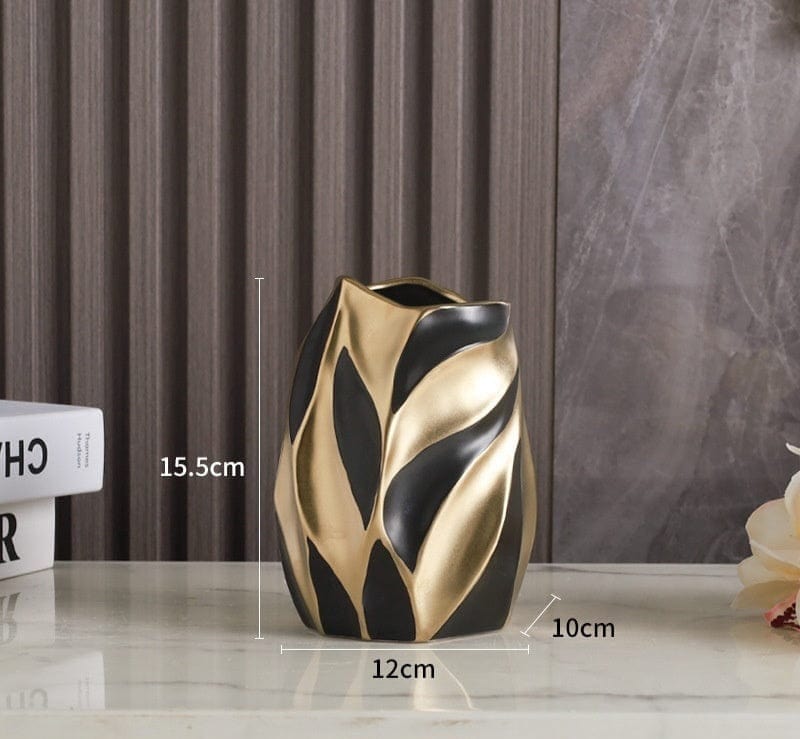 ElegantVase vase Vase Noir Mat & Or – Format Classique Vase Sculpté Céramique Blanc Doré – Feuillage Moderne fleursissement