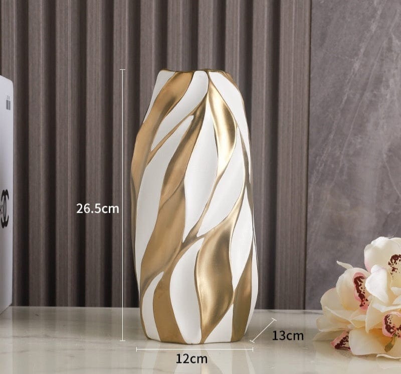 ElegantVase vase Vase Platine Mat – Format Élégant Vase Sculpté Céramique Blanc Doré – Feuillage Moderne fleursissement