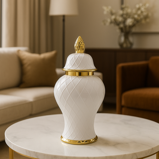 Vase blanc reliefs couvercle doré - finition luxe.